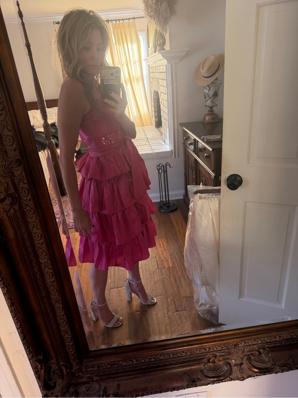 Tiered Ruffle taffeta Dress in Hot Pink